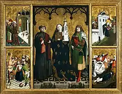 Retablo o "altar de Santa Bárbara" (1447), que da nombre al Maestro del retablo de Santa Bárbara, identificado probablemente con Wilhelm Kalteysen, pintor de Aquisgrán, activo en Colonia, Países Bajos y Wroklaw entre 1420 y 1496.