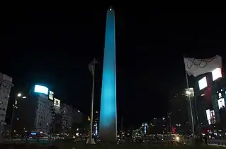 Obelisco de Buenos Aires iluminado de azul en noviembre; Argentina, 2016.