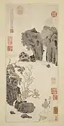 Wen Zhengming, 1531. Viejos árboles cerca de una cascada. Tinta y colores sobre papel, 54,6 x 24,7 cm. LACMA