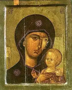 Cristiandad oriental (ortodoxa): Theotokos Petrovskaya, considerada el primer icono milagroso de Moscú, fue pintada por Pedro, higúmeno del monasterio de la Transfiguración (Volinia), a comienzos del siglo XIV.