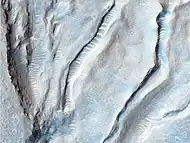 Hoja de hielo en Oxus Patera, una caldera en Arabia Terra. Las muescas festoneadas a lo largo de las espinas de las crestas de la caldera son probablemente grietas causadas por la expansión y contracción del hielo.