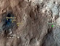 Los afloramientos rocosos "Goulburn", "Link" y "Hottah" se encuentran en el lecho de un antiguo cauce donde el agua fluyó con fuerza (17 de septiembre de 2012).