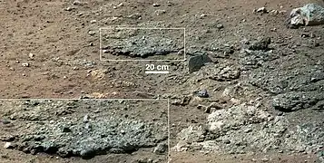 Afloramiento rocoso "Goulburn" en Marte, ubicado en un antiguo lecho rocoso, visto por el rover Curiosity (17 de agosto de 2012).