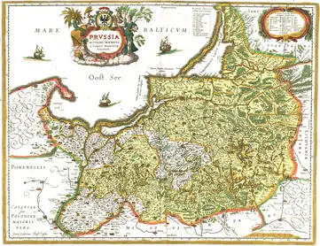 Mapa de Caspar Henneberg, Elbing, 1576: el Ducado de Prusia y Prusia Real originalmente con el mismo color (el color se añadió posteriormente para el ducado)