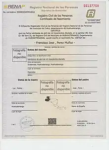 Certificado de Nacimiento de Paco Pérez