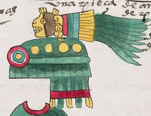 Escudo anti-proyectiles con pamitl de la diosa Quaxololtl, atado a la espalda