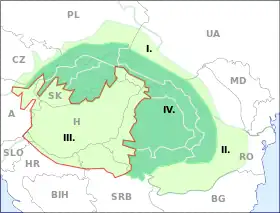 La cuenca de Panonia (III), rodeada por los Cárpatos y la meseta de Transilvania (IV), al este y al norte. También se muestran los Lowlands rumanos (II) y las depresiones Subcarpacia (I) más allá de los Cárpatos (también conocidos como Transcarpacia). A veces se  incluye la cuenca de Sava, al sur (no se indica) como peri-panoniana.