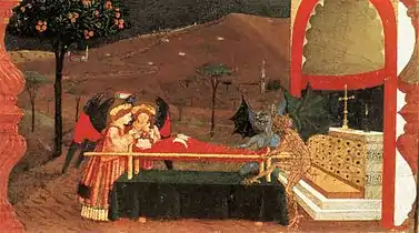 Escena  6 Dos ángeles y dos demonios pelean por el cuerpo de la mujer.