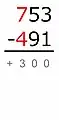 El número menor se resta del mayor:700 − 400 = 300Debido a que el minuendo es mayor que el sustraendo, esta diferencia tiene un signo de más.