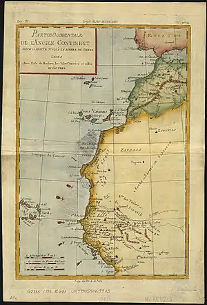 Mapa de Rigobert Bonne de 1783 que muestra el extremo sur de la península ibérica, la costa occidental de África septentrional y la situación de las islas de Madeira, las Canarias y Cabo Verde, región del Atlántico recorrida por el HMB Endeavour.