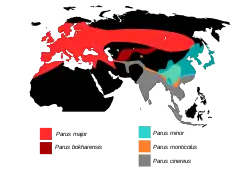 Distribución de las especies de Parus.Eck S; J Martens (2006). «Systematic notes on Asian birds. 49. A preliminary review of the Aegithalidae, Remizidae and Paridae». Zoologische Mededelingen. 80-5. Archivado desde el original el 24 de febrero de 2012. Consultado el 24 de marzo de 2018. 