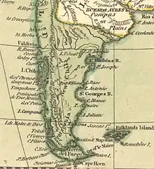 Mapa británico que nombra a la Patagonia como "New Chili" y la asigna dentro de la jurisdicción de Chile.