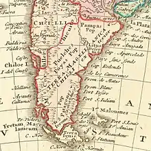 Mapa de Homann Heirs y Johann Matthaus Haas de 1746, se menciona a la Terra Magallánica como "Chile Exterior".