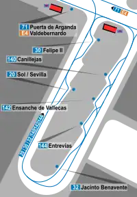 Mapa zonal de la estación de metro de Pavones con los recorridos de las líneas de autobuses, entre las que aparece el 144.