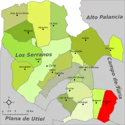 Extensión del municipio en la comarca de Los Serranos.