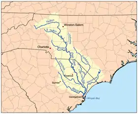 Mapa de la cuenca del Pee Dee que, en su curso alto, atraviesa el estado
