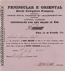 Acción de la Peninsular & Oriental Steam Navigation Company por 50 £, emitida en Londres el 1 de julio de 1845