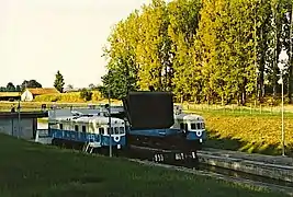 Las dos locomotoras que hacen funcionar la pendiente de agua de Montech
