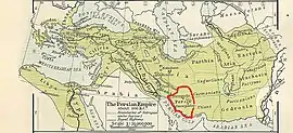 El Imperio persa alrededor del año 500 a. C.; Persia es la provincia central del sur con el contorno rojo. Sus principales ciudades eran Persépolis y Pasargada.