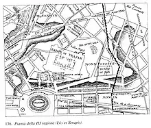 Parte de un plano de la Roma antigua, con el trazado viario y de las murallas, y las plantas detalladas de algunos edificios destacados, como el Coliseo, la Domus Aurea, las Termas de Trajano e iglesias cristianas posteriores.