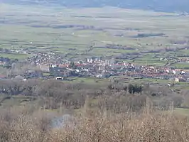 Vista de la localidad desde una de las rampas de ascenso al puerto de Peñanegra. La hilera de árboles al fondo es la ribera del río Corneja.