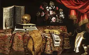 Vanitas con violín, libro de música, florero y calavera (1681), colección privada