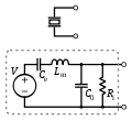 Símbolo esquemático y modelo electrónico de un sensor piezoeléctrico.