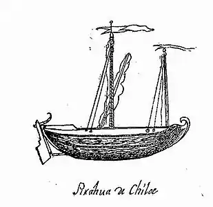 Piragua de Chiloé, de acuerdo a fray Francisco Menéndez, ya con implementos europeos.