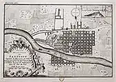 Plano de Santiago de Chile en 1716. Nótese el diseño hipodámico, con la plaza como punto central y la disposición de los edificios principales en torno a ella, legado del modelo de urbanización colonial español.