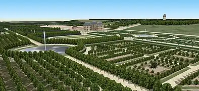 [fr→es]Vue aérienne du domaine, avec les plantations fruitières.