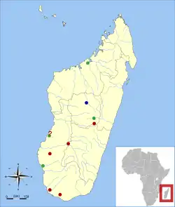 Sitios donde Plesiorycteropus ha sido hallado. Azul: P. madagascariensis y P. germainepetterae; verde: P. madagascariensis; rojo: Plesiorycteropus, especie incierta.