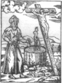 Junto a niño crucificado, judío con turbante envenena pozo de agua y provoca la peste negra en Europa. Grabado alsaciano basado en original medieval tardío.