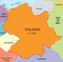 El mapa de Polonia de principios del siglo XI muestra tierras polacas y lituanas separadas por los territorios del antiguo Ducado de Prusia y la Rus de Kiev.