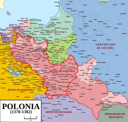 Mapa de Polonia y Lituania alrededor de 1370 a 1382, con una frontera visible entre Polonia y Lituania.