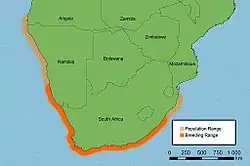 Población y rango de reproducción del ostrero negro africano. naranja = rango de reproducción, naranja pálido = rango de población.