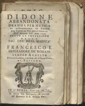 Portada del libreto original de Dido abandonada (Auletta) de 1759