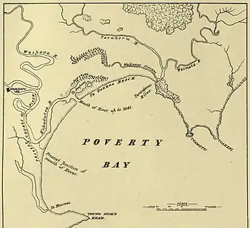 Bahía de la Pobreza en las fechas de la llegada de James Cook en octubre de 1769. Según WL Williams, 1888.