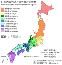 Mapa de la red de distribución de electricidad de Japón, que muestra sistemas incompatibles entre regiones. Fukushima se encuentra en la región de 50 hertz de Tohoku.