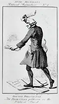 Caricature of man in frock coat and wig trampling on sacred documents and burning others.