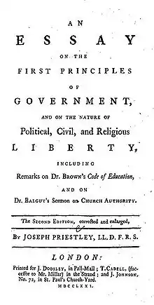 Page reads: "An Essay on the First Principles of Government, and on the Nature of Political, Civil, and Religious Liberty, including Remarks on Dr. Brown's Code of Education, and on Br. Balguy's Sermon on Church Authority. The Second Edition, corrected and enlarged, by Joseph Priestley, LL.D. F.R.S. London: Printed for J. Dodsley, in Pall-Mall; T. Cadell, (sucesor to Mr. Millar) in the Strand; and J. Johnson, No. 72 in St. Paul's Church-Yard. MDCCLXXI."