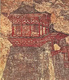 "Los murales de principios del siglo VIII en la tumba del Príncipe Yide dan una idea de la magnificencia de las murallas de la ciudad de Chang'an con su imponente puerta y torres de esquina."