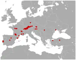 Mapa de distribución de fósiles de Prolagus oeningensis.Las coordenadas adicionales de fóslies no listadas en el archivo xls adjunto al papel de Ge et al. vienen de  N. Sala-Burgos y R. Gil-Pita. 2006 y Paleobiology Database.