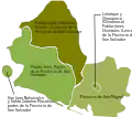 Provincia de San Salvador (en verde poblaciones náhuas y en café poblaciones chontales; y también en verde las poblaciones lencas de Chaoqueca y Lolotique que aparecen como isla dentro de la provincia de San Miguel) y provincia de San Miguel de 1530 a 1534.