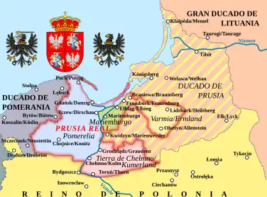 Prusia después de 1466: gris claro – Ducado de Prusia.En color – Prusia Real con sus voivodatos como provincia de la Mancomunidad Polaco-Lituana