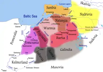 Mapa de las tribus prusianas en el siglo XIII. Las ciudades y castillos indicados fueron construidos por los Caballeros Teutónicos para facilitar la conquista.