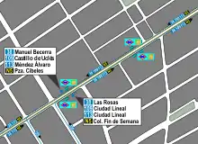 Mapa zonal de la estación de metro de Pueblo Nuevo con los recorridos de las líneas de autobuses, entre las que aparece el 38.