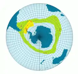 alt=*  ██ Rango geográfico de Pygoscelis papua ellsworthi.
*  ██ Áreas donde esta subespecie se reproduce.