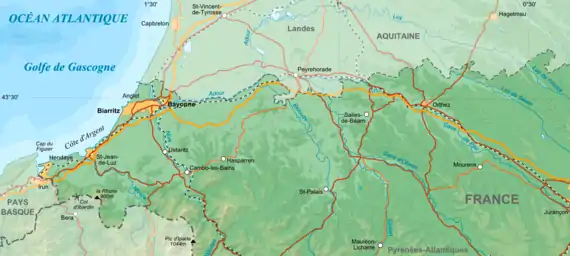 Mapa del departamento francés de Pirineos Atlánticos.