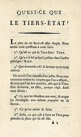 Primera página del panfleto de Sieyès, 1789.