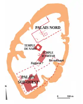 Mapa de ubicación de las áreas excavadas de los edificios principales del tell de Quyunjik, el centro político-religioso de Nínive (una gran parte del palacio no fue desbrozada).